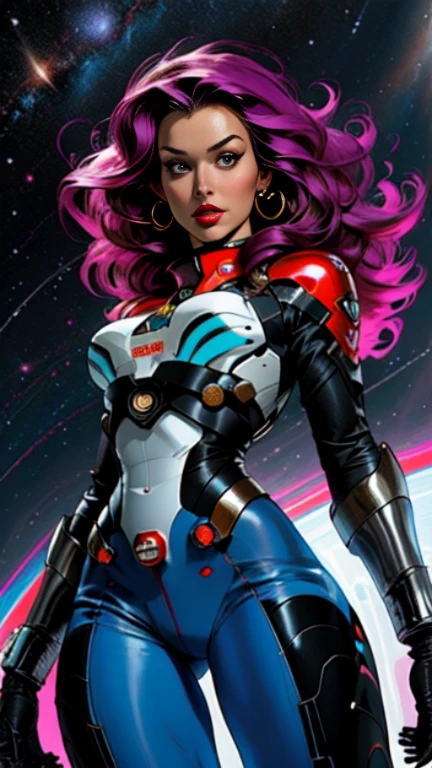 masterpiece,very sharp image,extremely beautiful woman space retro futurism, beautiful face,hi-tech armour over colorful catsuit, long curly hair,in deep space, with several planets and suns in the background Excellent sense,medium breasts,cleavage,American Comics,(((The Perfect One Woman))),(((one person))),colorful,highly detailed body,highly detailed face,SF,((dynamic pose)), ((dynamic angle))