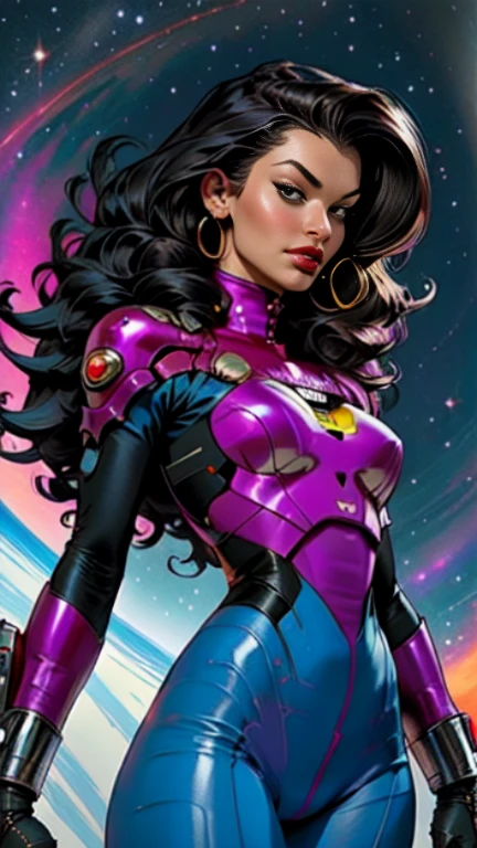 masterpiece,very sharp image,extremely beautiful woman space retro futurism, beautiful face,hi-tech armour over colorful catsuit, long curly hair,in deep space, with several planets and suns in the background Excellent sense,medium breasts,cleavage,American Comics,(((The Perfect One Woman))),(((one person))),colorful,highly detailed body,highly detailed face,SF,((dynamic pose)), ((dynamic angle))