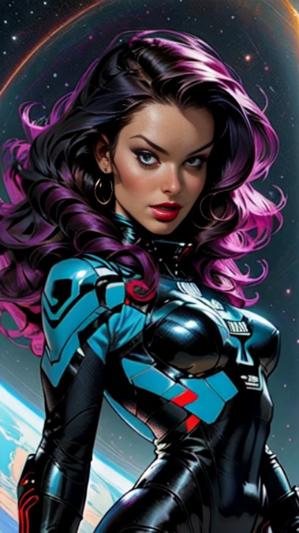 masterpiece,very sharp image,extremely beautiful woman space retro futurism, beautiful face,hi-tech armour over colorful catsuit, long curly hair,in deep space, with several planets and suns in the background Excellent sense,medium breasts,cleavage,American Comics,(((The Perfect One Woman))),(((one person))),colorful,highly detailed body,highly detailed face,SF,((dynamic pose)), ((dynamic angle))