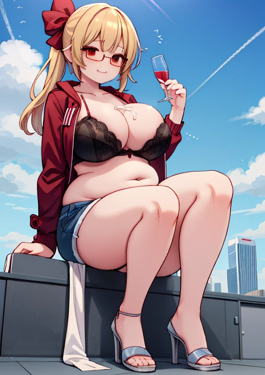 (masterpiece, best quality, highly detailed), 1girls, big belly, huge belly, art by kipteitei, round belly, chubby, curvy, belly grab, enormous belly, fat belly, thicc, bigger belly, really big belly, jiggly belly, glasses, unzipped jacket, (no shirt), bra, thight shorts, high heels, ((cum on belly)), smug face, sitting, ((full body)), long hair, ((dominant)), (giantess), Flandre scarlet