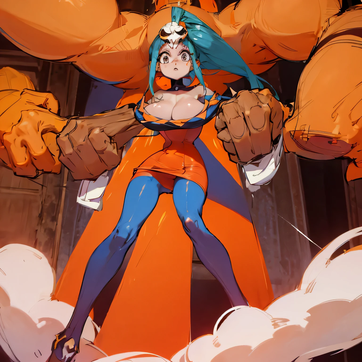 Vista completa, gigant head hands , cuerpo completo, traje naranja, piel morena, Pelo azul maduro female, Cerebella de Skullgirls (sexy full body pose, character design sheet,