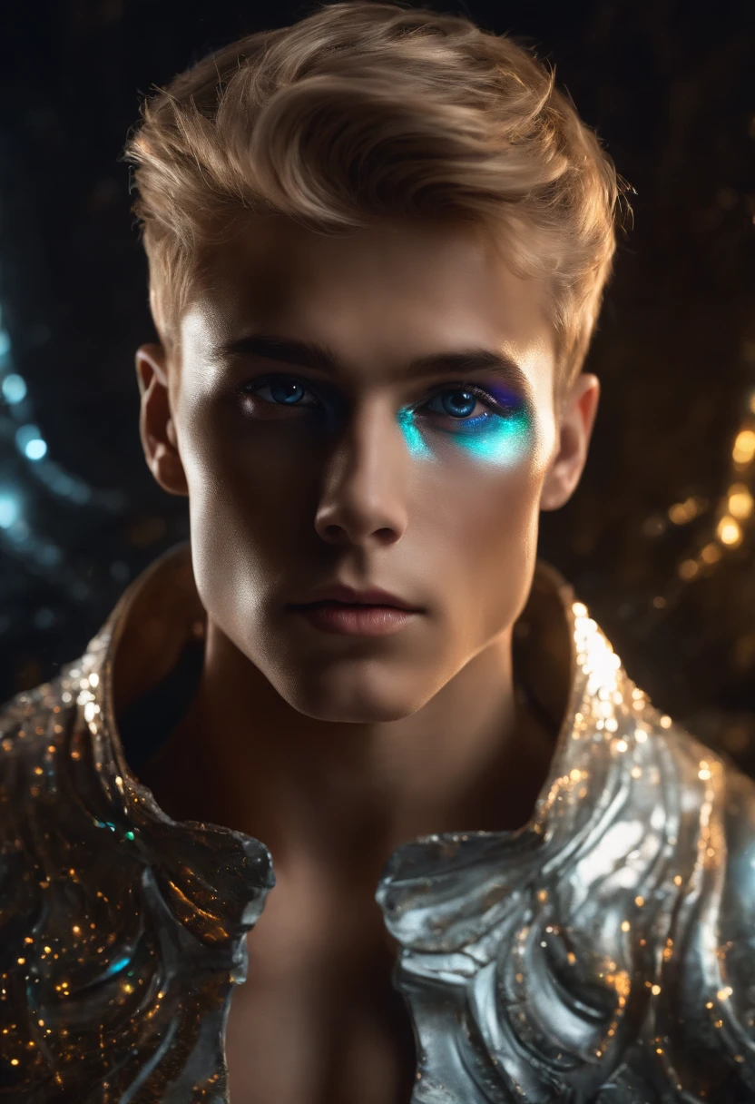 ((Handsome Cosmic Fallen twink Angel)), glowing light eyes, Justin Bieber, Biomechanical, eerie, ((sexy and Creepy)), nightmarish, Very bright colors, Light particles, with light glowing, Mshiff, wallpaper art, UHD wallpaper well lit cute boyish face blending seamlessly into biomechanical fallen twink angel body, full body painting