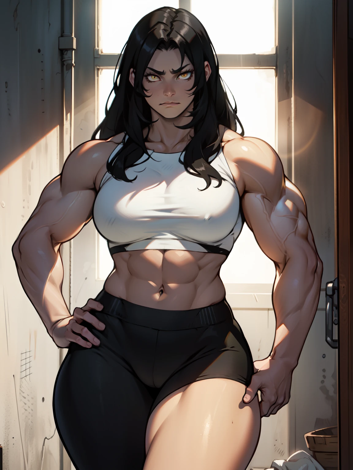 muscular girl thin waist toned body huge breasts thick thighs pale skin girl black hair yellow eyes sad chiaroscuro muscular muscular backlighting