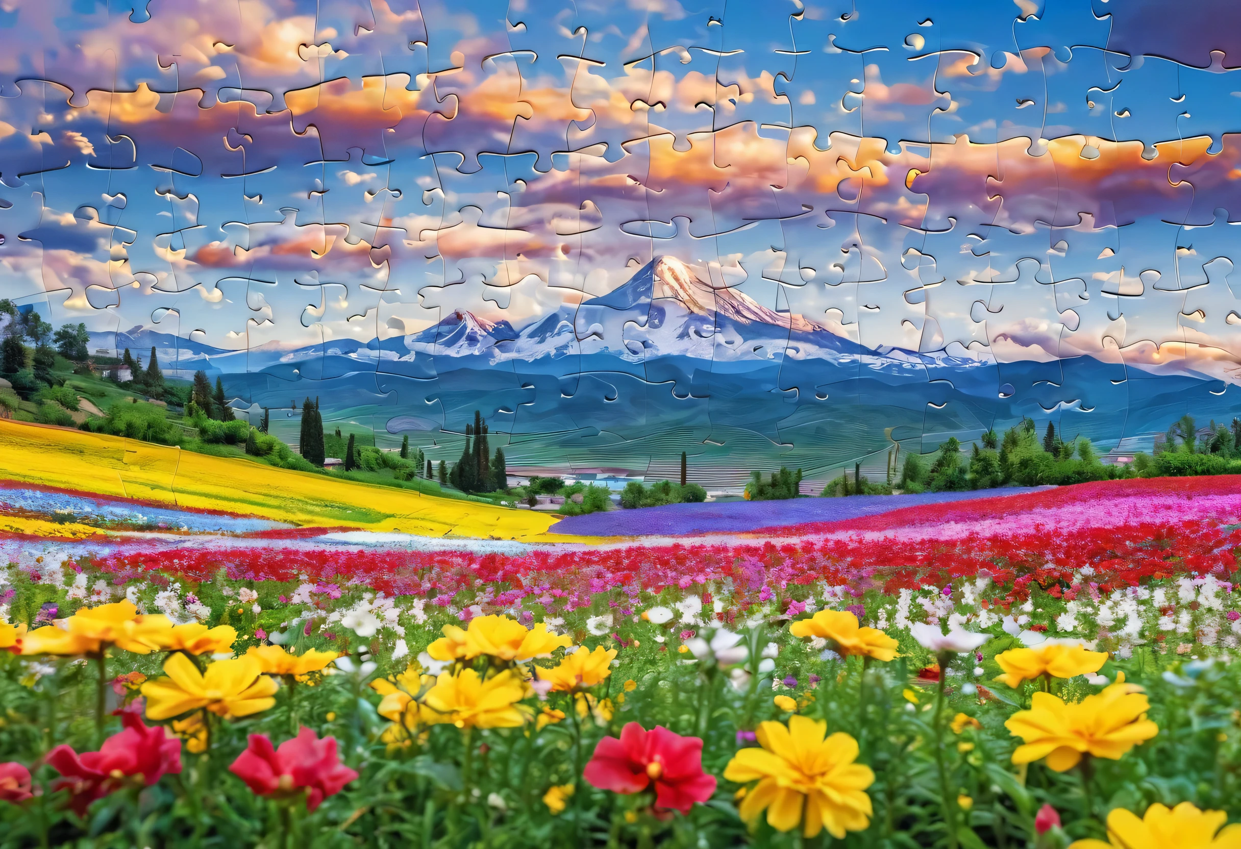 Close-up of puzzle pieces reflecting a mountain view, Flower Field, jigsaw, with Flower Fields as foreground, Flower Field, very very Very beautiful scenery, in a Flower Field, Flower Field, very Very beautiful scenery, Wild Flower Field, sitting in a Flower Field, Flowers in the foreground, 雑Flower Field, Very beautiful scenery