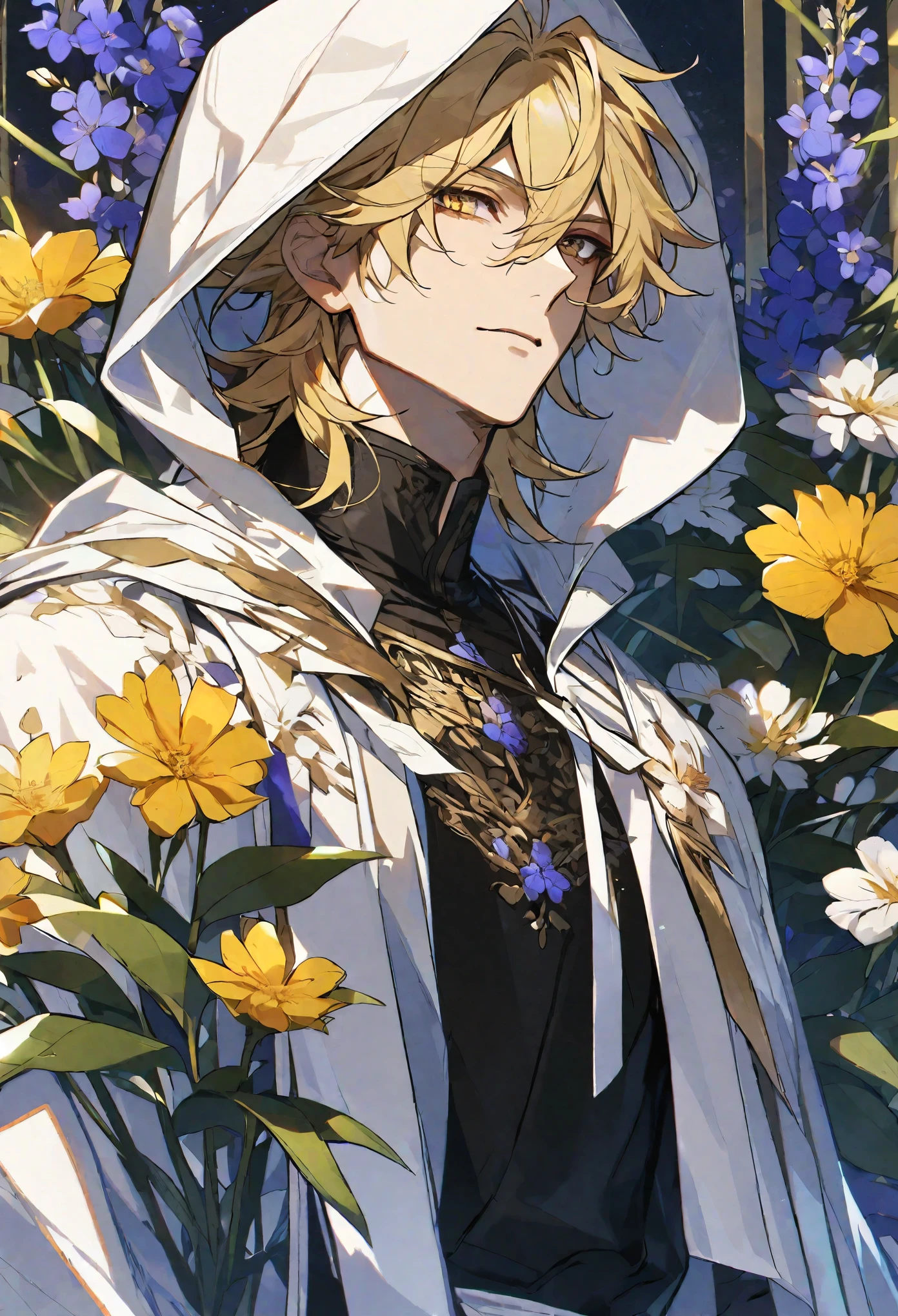 solo, handsome, 1 male, black shirt, white hooded cloak, , blonde hair, wolf bane flowers