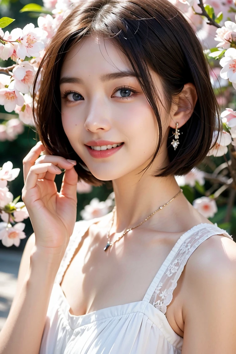 Save this image、correct number of fingers:1.5, Pale face and eyes:1.3、細くて薄くてPale face and eyes:1.5, blue eyes:1.5、{highest quality}, {{masterpiece}}, {Very delicate and beautiful}, Outstanding light and shadow, Highly detailed wallpaper, Sunny and bright sunlight, whole body, whole body、 1 girl, , blush、Short Bob Hair, Strong sunlight, White maxi dress:1.3, Delicate Hair,Realistic skin texture, visible wrinkles on the skin., Broad shoulders, ((a strong light shines on your face)), color々Strike a Pose:1.5, necklace、ring、earrings、(Toothy smile:1,5), Cherry blossom tree background