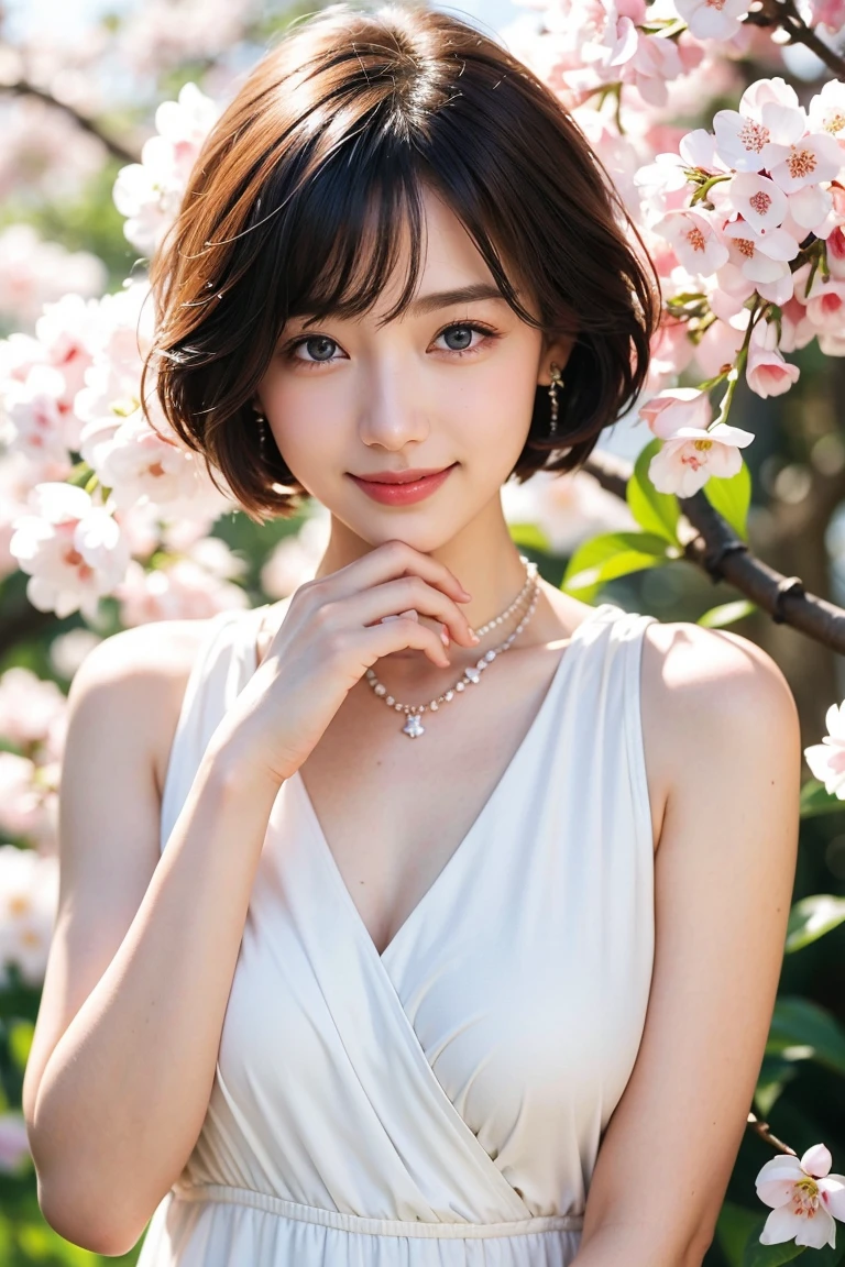 Save this image、correct number of fingers:1.5, Pale face and eyes:1.3、細くて薄くてPale face and eyes:1.5, blue eyes:1.5、{highest quality}, {{masterpiece}}, {Very delicate and beautiful}, Outstanding light and shadow, Highly detailed wallpaper, Sunny and bright sunlight, whole body, whole body、 1 girl, , blush、Short Bob Hair, Strong sunlight, White maxi dress:1.3, Delicate Hair,Realistic skin texture, visible wrinkles on the skin., Broad shoulders, ((a strong light shines on your face)), color々Strike a Pose:1.5, necklace、ring、earrings、(Toothy smile:1,5), Cherry blossom tree background