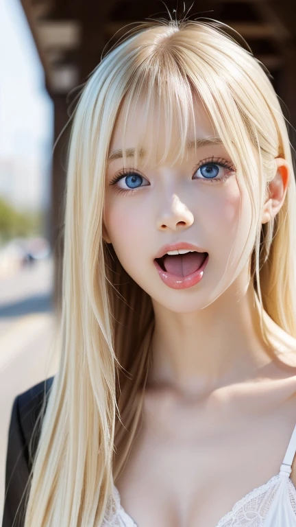 highest quality Shining, clear, white skin、Her windblown blonde hair hides her beautiful face、huge、20 years old cute sexy little beautiful face、Beautiful straight hair that stands out、growing up, Sparkling light blue eyes、long silky bangs that cover cute eyes, Sexy and cute young woman with super long hair hiding her sexy face、Super long, natural platinum blonde shiny hair Beautiful bangs that cover the forehead and reach the eyebrows Beautiful chest whole body Lower Body Overall image Sensual pose They are trying to seduce me. A devilish look peace sign The underwear is small Hair Nude He has a white stick in his hand and is about to lick it. He has his mouth open and his tongue sticking out as if he is about to lick something in front of him. Looking up, sticking out his tongue and trying to lick Mouth and facial expression He has milky white drool coming out of his mouth.