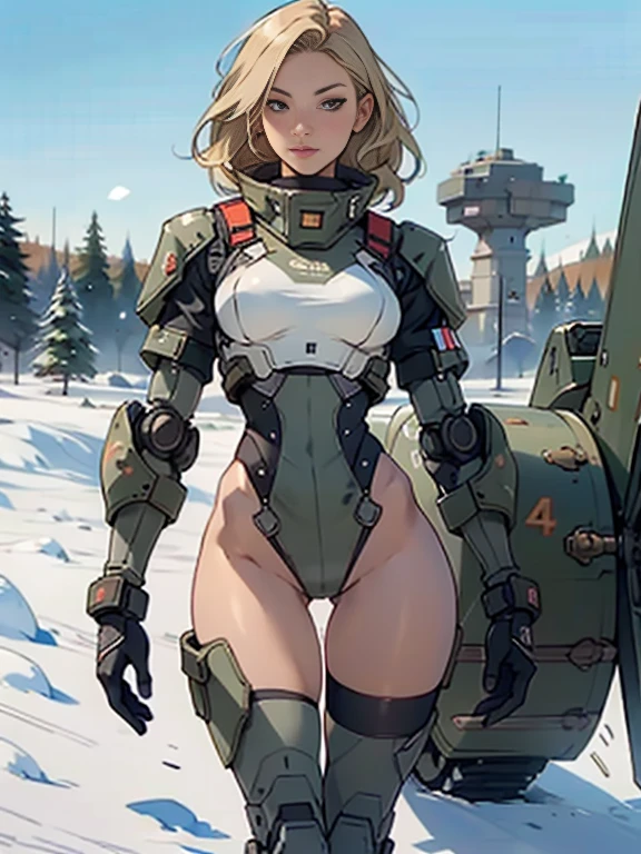 1woman 20 years old, military, camouflaged uniform, beautiful, perfect body, realistic, blonde hair, perfect body, thin waist,  , large breasts, slim thighs, snow battlefield, armored tank, flying fighters, military robot dog, wealth of details, tight panties, marking on the front, slender knees, highly detailed, high resolution, prefect hands, slender thighs, thigh gap