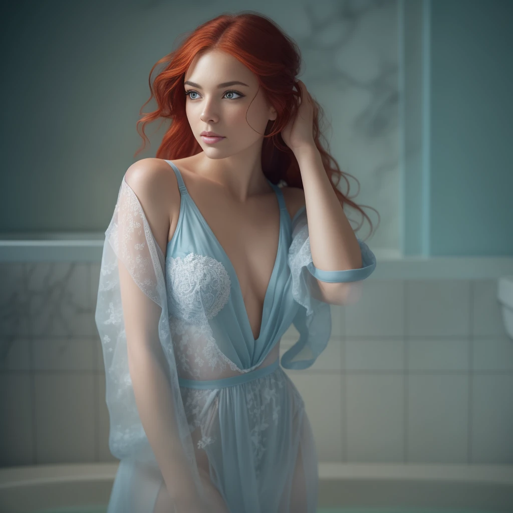 Full Body beautiful red-haired, blue - eyed young woman, with gorgeous natural mid breasts on transparent bra, in loose open bath clothing looking away from the camera, with perfect lighting and composition, captured by a professional photographer using a high-end camera for photorealistic quality and intricate details, highly detailed hair + cinematic shot, glamour photography, Canon EOS 5D Mark IV DSLR camera, EF 50mm f/ 1. 8 STM lens, Resolution 30. 4 megapixels, ISO sensitivity: 32, 000, Shutter speed 8000 second