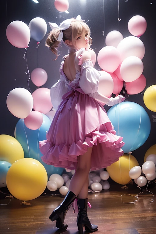 (holding balloons), (((full body))), real photo,  girl, Brat female , (((drawers))), ((looking back at me)), twin tails, big ribbon,  silver boots,