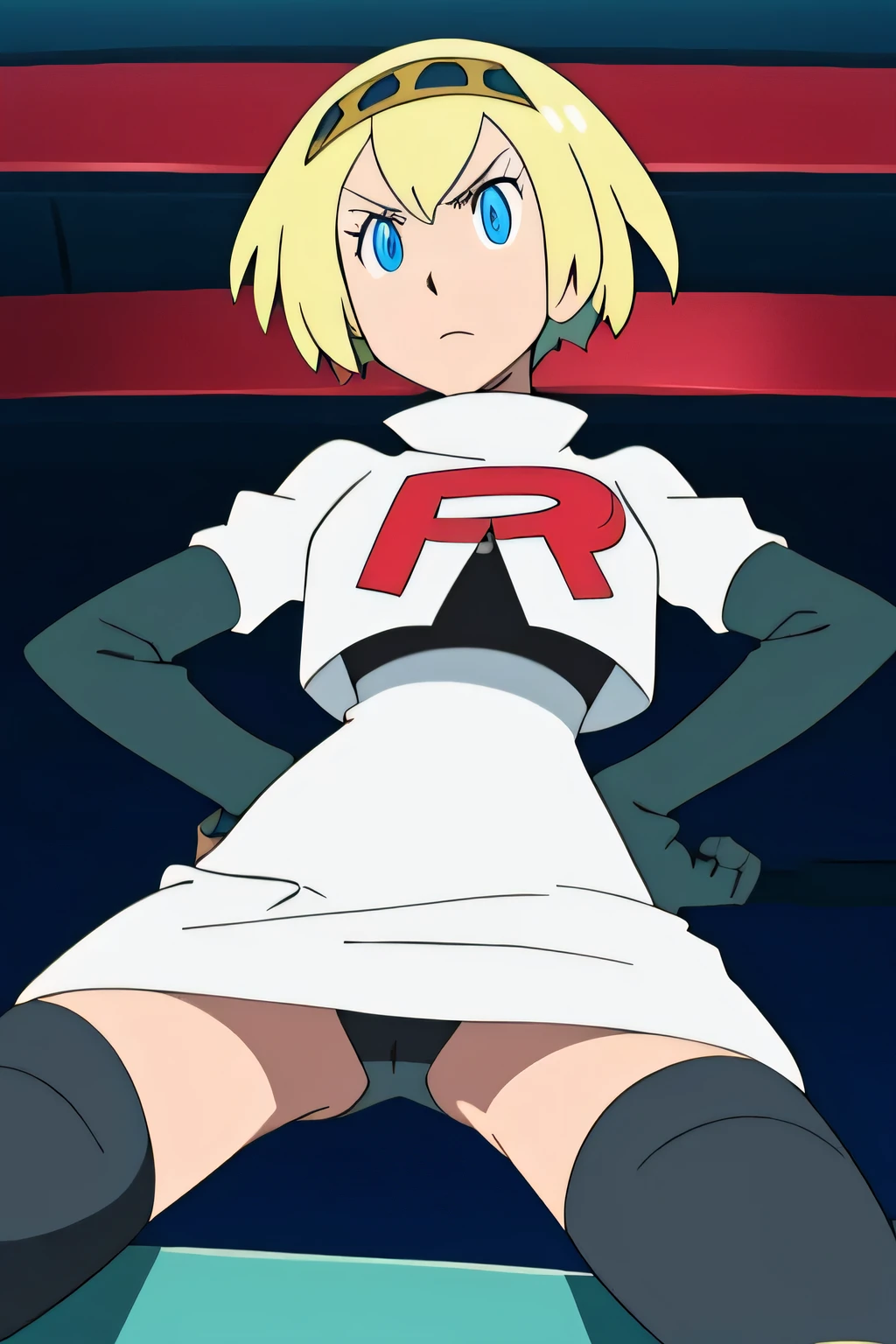 masterpiece,best quality,high res,high quality,8k, masterpiece,highres, team rocket uniform, red letter r, white skirt,white crop top,black thigh-high boots, black elbow gloves, glaring angrily, looking down at viewer, hands on hips, cowboy shot, zettai ryouiki,spread legs,from below, black panties,anime style, vivid colors, sharp focus, intense lighting,Persona3Aigis,blond hair, blue eyes