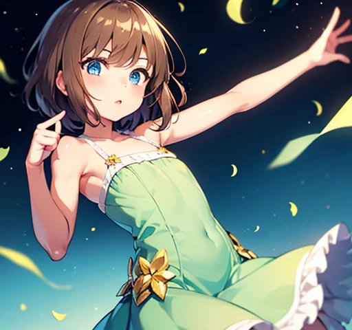 Girl, short, flat chest, short fluffy hair, brown hair, blue eyes, white skin, green dress with frills