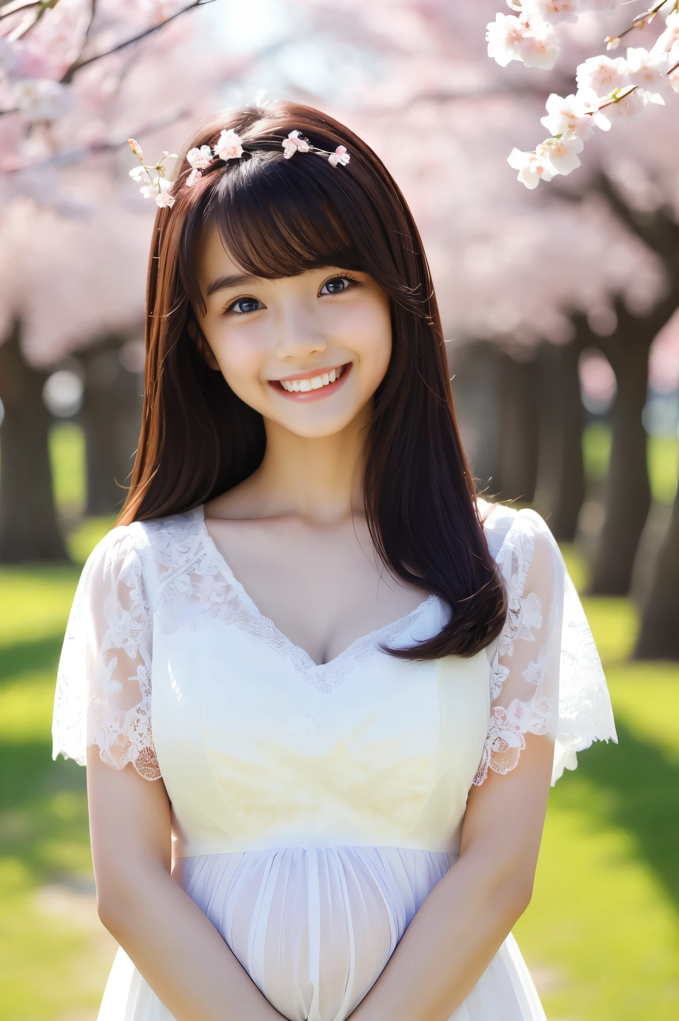 (highest quality、masterpiece、8k、Best image quality、Award-winning works)、1 female、A walk in the park、(pregnancy:1.1)、(alone:1.1)、(1 photo:1.1)、Elegant maternity wear、See-through maternity wear、Lace ornament、Perfect Makeup、thin、The biggest smile is looking at me、(height: 140cm:1.4)、(Very short:1.4)、standing full body photo、Perfect Anatomy、Blurred cherry blossoms in full bloom,、big grass park、Refreshing atmosphere、very bright and vivid、Beautiful eyes in ultra-high resolution、Ultra high resolution perfect beautiful teeth、Ultra-high definition beauty face、Ultra HD beautiful hair、Perfect teeth alignment