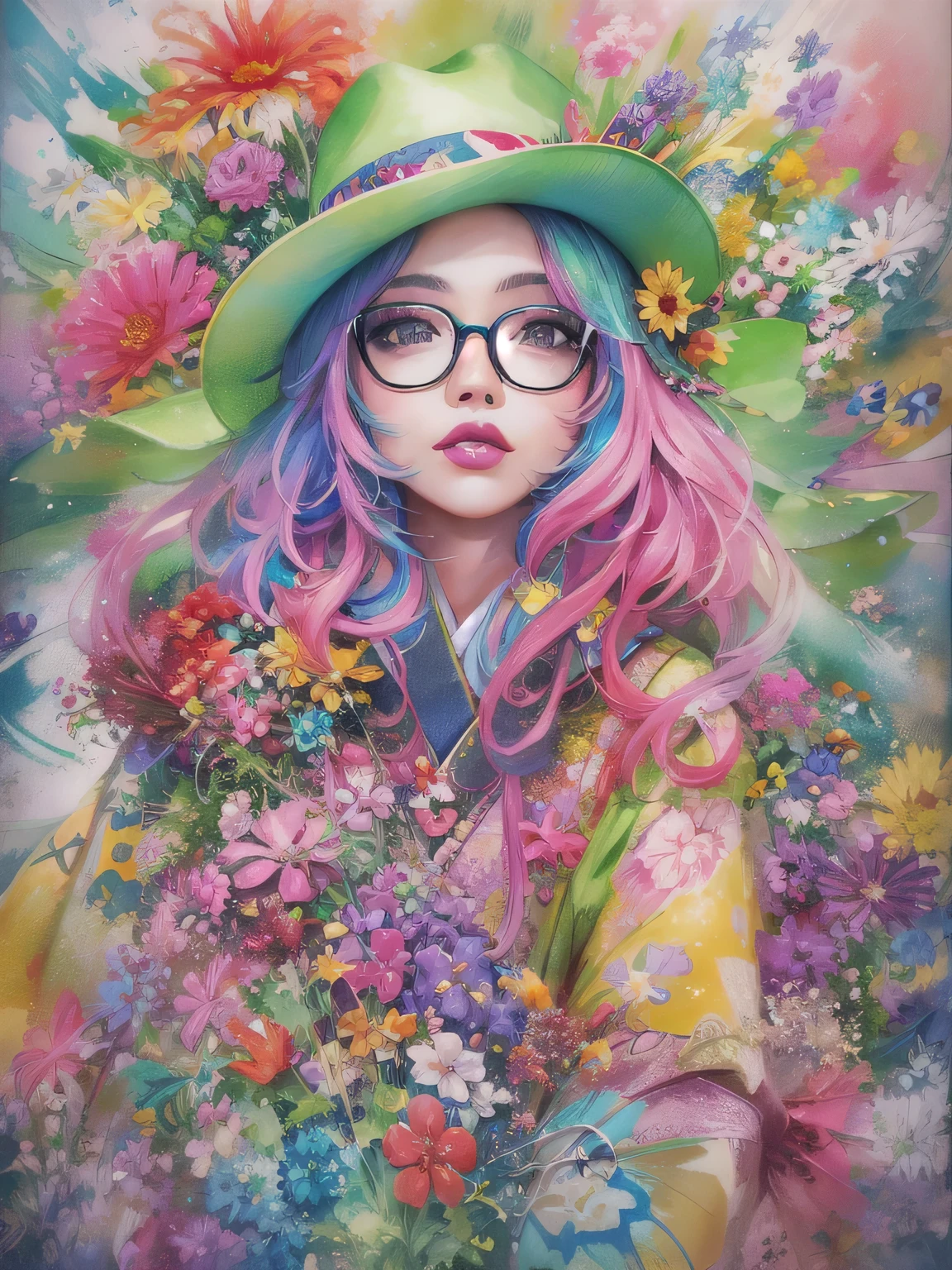 8K quality, Sylvia Pelissero watercolors, intense watercolor, watercolor detailed art, watercolor splash, surreal, avant-garde pop art, Beautiful and expressive paintings, Beautiful artwork illustration, very colorful tones, wonderful, cool beauty, highest quality,official art, vector art,stylish design, (((The strongest beautiful girl of all time))), (((Japanese)))、Idol、clear, stylish glasses, Fashionable hats, (((highest quality))), bob hair, lips in love, HDR, ((Detailed details)), stylish fashion, detailed clothing texture, (((graffiti art))), colorful hair, ((masterpiece))、((Super detailed))、(((colorful flowers)))、Colorful Heart