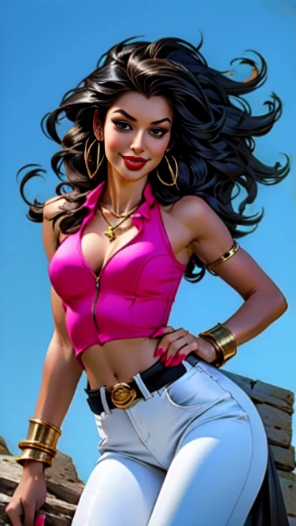 1woman 30year old, solo, long curly hair, looking at viewer, navel, cleavage, bare shoulders, detailed eyes, shy smile,jewelry, medium breasts, earrings, midriff, belt, bodystocking,necklace, bracelet, lips, armlet, ((dynamic pose)), ((dynamic angle)),