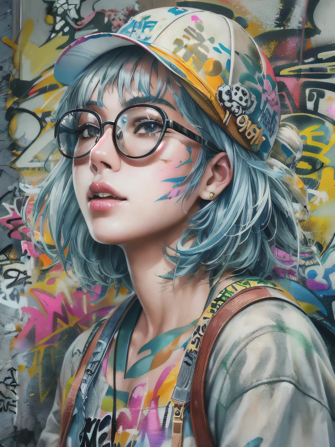 8K quality, watercolor painting, stylish design, (((The strongest beautiful girl of all time))), (((Japanese))、clear, stylish glasses, Fashionable hats, (((highest quality))), bob hair, HDR, ((Detailed details)), skull fashion、, detailed clothing texture, (((graffiti art))), colorful hair, ((masterpiece))、((Super detailed))