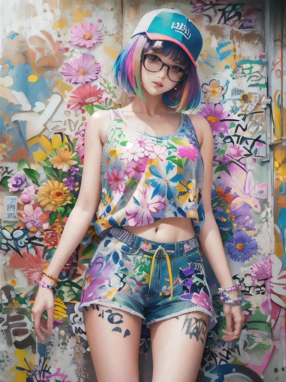 8K quality, watercolor painting, stylish design, (((The strongest beautiful girl of all time))), (((Japanese)))、Idol、clear, Stylish sunglasses, Fashionable hats, (((highest quality))), bob hair, Place your hands on the wall, HDR, ((Detailed details)), stylish fashion, detailed clothing texture, (((graffiti art))), colorful hair, ((masterpiece))、((Super detailed))、(((colorful flowers)))、Navel exposure、I can see your nipples、Fashionable underwear