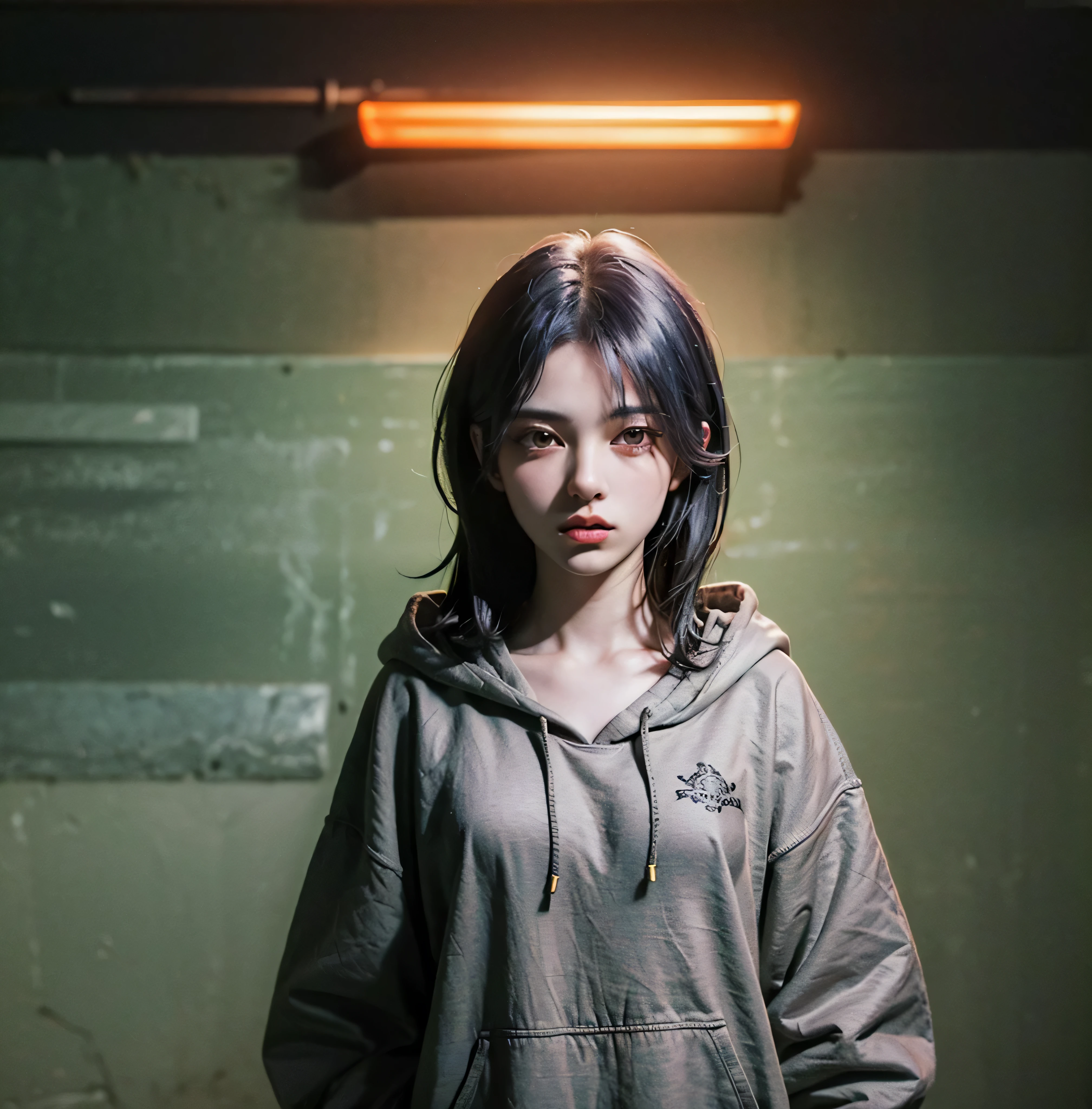  girl, wearing hoodie standing in surreal neighborhood, Dark and ominous, Unnatural colors, Haunting vibe, sharp focus, Red hue for eyes, Desaturated tones for overall scene, Cinematic lighting, (masterpiece, best quality, perfect composition, very aesthetic, absurdres, ultra-detailed, intricate details, Professional, official art, Representative work:1.3)