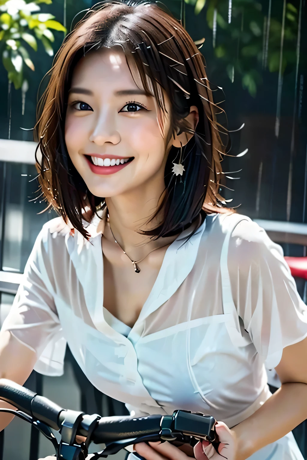 ((highest quality, 8k, masterpiece:1.3)),, Perfect body beauty: 1.4,whole body:1.5, Hip: 1.2, ((Layered Haircut, Large Breasts: 1.3)), (Wet clothes: 1.1), (rain, street:1.3), Lace Bra Top: 1.1, hot pants,Highly detailed face and skin texture, Beautiful Eyes, double eyelid, Whitening skin, White tooth smile,