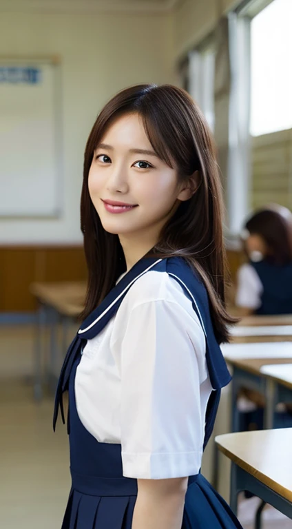 whole body, highest quality, shape, Very detailed, finely, High resolution, 8k wallpaper, 完璧なダイナミックな構shape, 15 year old ,School,classroom,Sailor suit,Random sexy poses,smile,