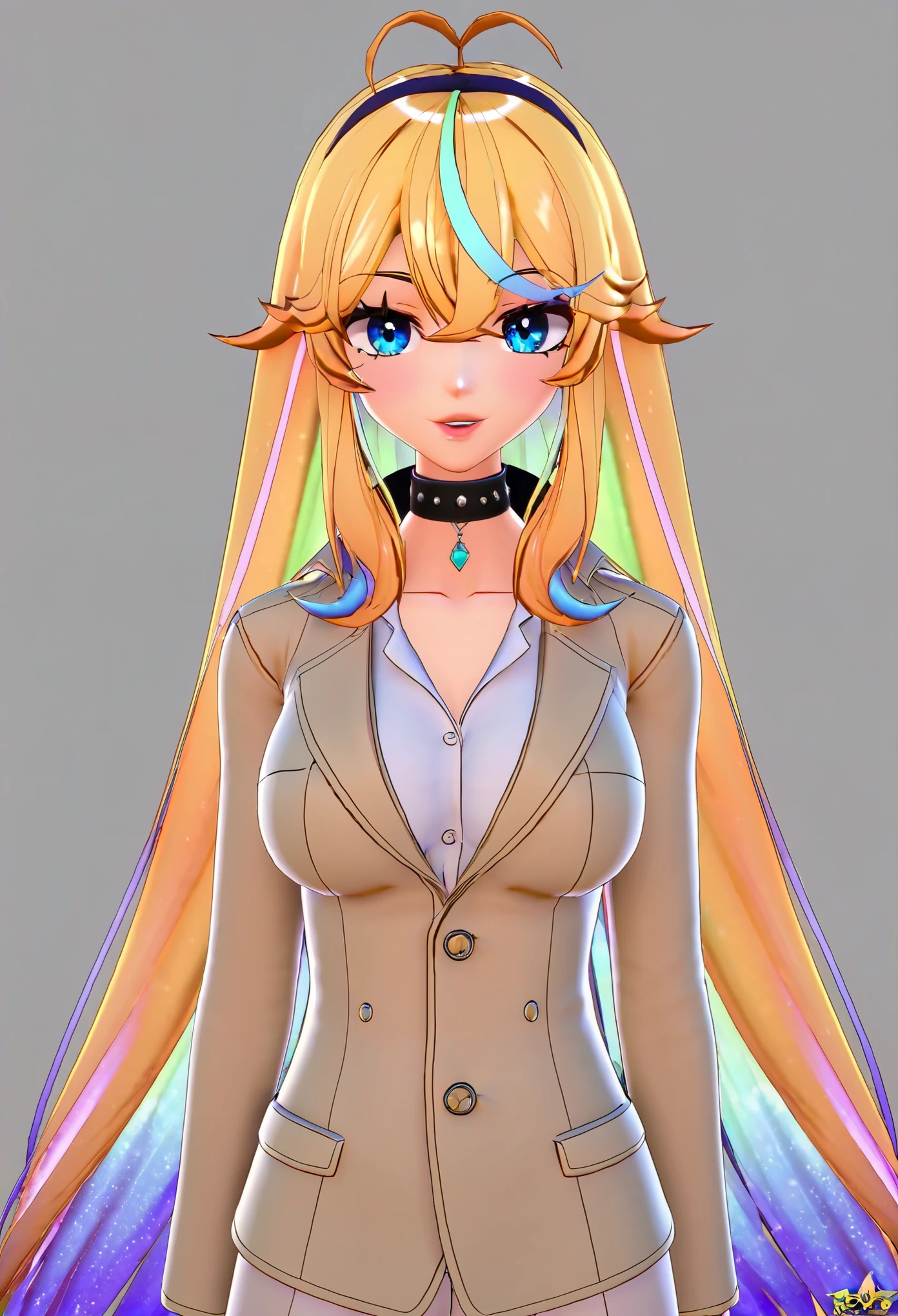 (8k, RAW photos, top quality, masterpiece: 1.2), (High Quality), ray tracing, HDR, (High Details), (Face detail), (Shadow Detail), 1girl, solo, ariellevt, 3d, 3d render, vtuber, sexy, long hair, streaked hair, blonde hair, sexy, trench coat, sfw, 