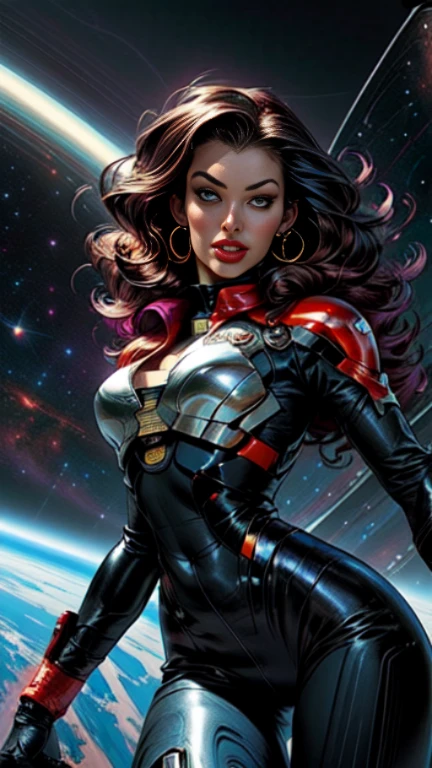 masterpiece,very sharp image,extremely beautiful woman space retro futurism, beautiful face,hi-tech armour over colorful catsuit, long curly hair,in deep space, with several planets and suns in the background Excellent sense,medium breasts,cleavage,American Comics,(((The Perfect One Woman))),(((one person))),colorful,highly detailed body,highly detailed face,SF,((dynamic pose)), ((dynamic angle))