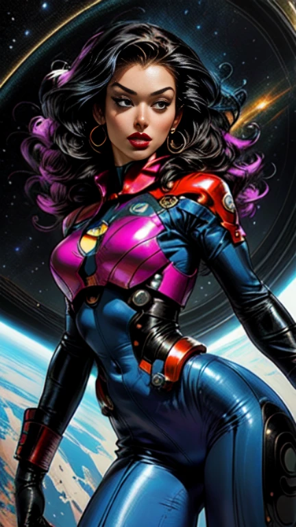 masterpiece,very sharp image,extremely beautiful woman space retro futurism, beautiful face,hi-tech armour over colorful catsuit, long curly hair,in deep space, with several planets and suns in the background Excellent sense,medium breasts,cleavage,American Comics,(((The Perfect One Woman))),(((one person))),colorful,highly detailed body,highly detailed face,SF,((dynamic pose)), ((dynamic angle))