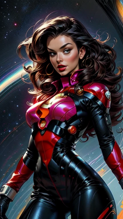 masterpiece,very sharp image,extremely beautiful woman space retro futurism, beautiful face,hi-tech armour over colorful catsuit, long curly hair,in deep space, with several planets and suns in the background Excellent sense,medium breasts,cleavage,American Comics,(((The Perfect One Woman))),(((one person))),colorful,highly detailed body,highly detailed face,SF,((dynamic pose)), ((dynamic angle))