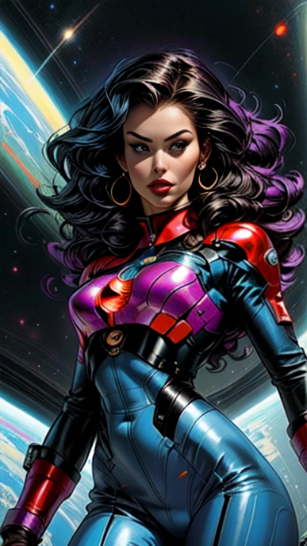 masterpiece,very sharp image,extremely beautiful woman space retro futurism, beautiful face,hi-tech armour over colorful catsuit, long curly hair,in deep space, with several planets and suns in the background Excellent sense,medium breasts,cleavage,American Comics,(((The Perfect One Woman))),(((one person))),colorful,highly detailed body,highly detailed face,SF,((dynamic pose)), ((dynamic angle))