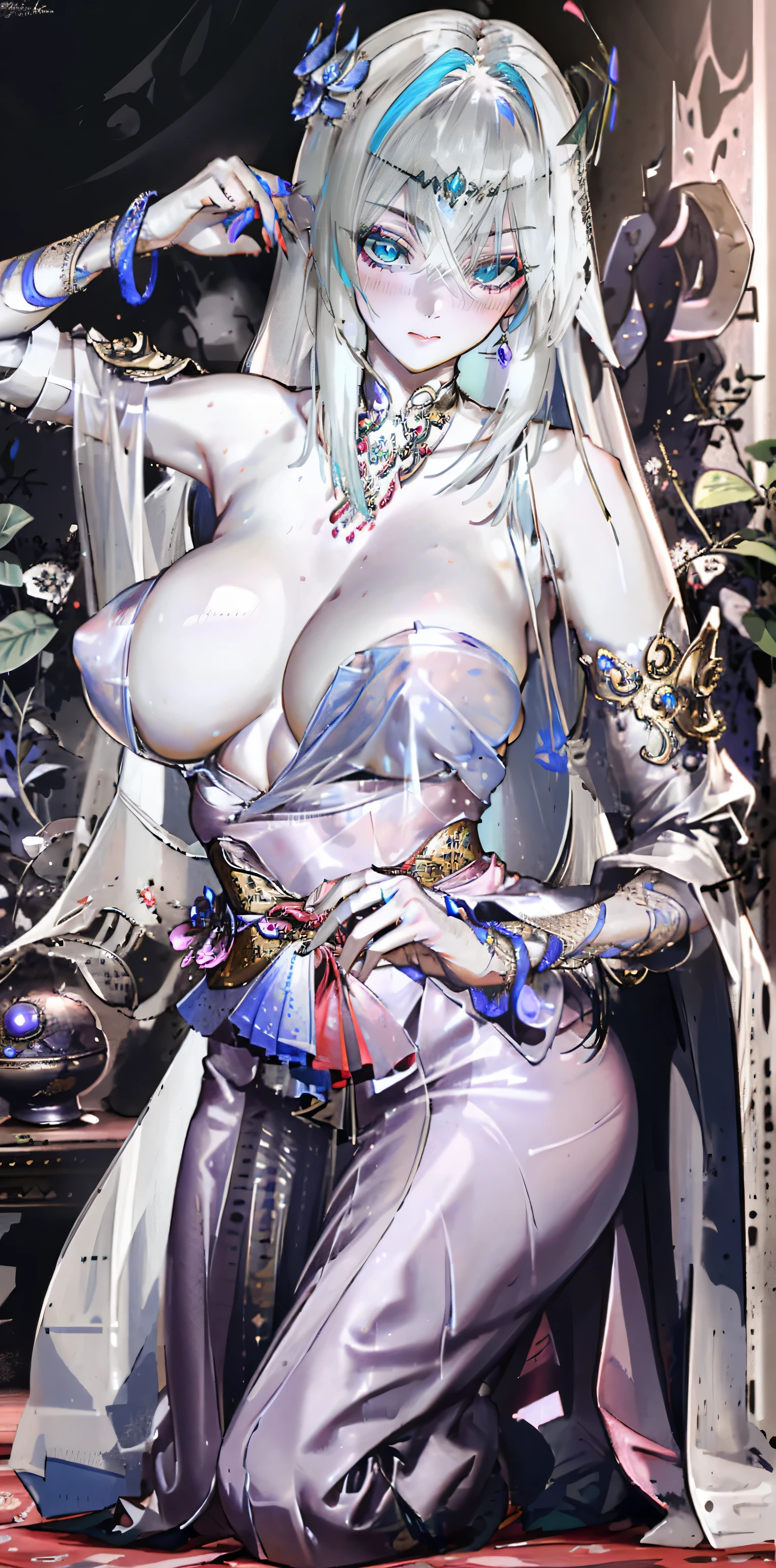 well built,Best build quality ,Masterpiece, lamp, very beautiful, Very meticulous ,CG ,Yoon ,8k wallpaper, Amazing cleavage, Detailed pubic hair, Masterpiece,best quality,official art,Extremely detailed CG-8k wallpaper,Ridiculous resources, Absolutely ridiculous......, The file size is very large...... , very fine, high resolution, Very meticulous,Meticulous beautiful girl, Very fine eyes and face, beautiful eyes,there'Gives radiance to the face.,unger sister, (Shen He\Genshin Impact), (exaggerated), (((silver-white hair))), (single braid), Long hair silver-white color., (blue eyed bitch), ((His long bangs covered one eye......)), (((hair in one eye))), (((Bangs covering right eye))), ((decorate)), ((Tassel Earrings)), (((Describe the arm in detail......))), (((Excellent mistake)), ((The body is long and slender.....)), (), ((Plum)), (Detailed description of the hair), (shoulder), ((collarbone)), ((shoulder cropped)), (Glowing skin), (Detailed description of the face), (Detailed explanation of metaphysics), (Leaves skin shine, shine), no competitors, (ultimate beauty), (red lipstick), (shy ), ( smile), ,, ((long-sleeved shirt)), ((wide arms)), thin line, overcome obstacles, ( In this matter#39;Bedroom for viewers)), , ((Any position.)), (Sit down on the floor......)), ((there is a lot of water in the body.)),((big breasts:1.35,I saw bulging nipples in the strapless Thai cloth...,mouse breast, ((bare breast:1.37)),
