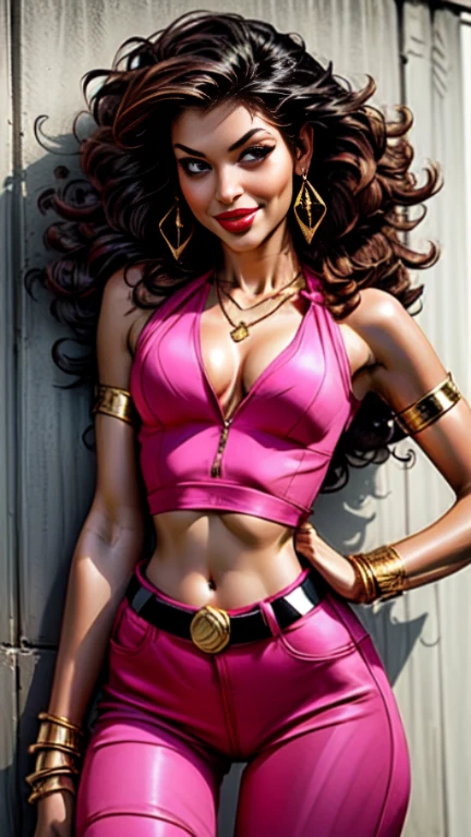 1woman 30year old, solo, long curly hair, looking at viewer, navel, cleavage, bare shoulders, detailed eyes, shy smile,jewelry, medium breasts, earrings, midriff, belt, bodystocking,necklace, bracelet, lips, armlet, ((dynamic pose)), ((dynamic angle)),