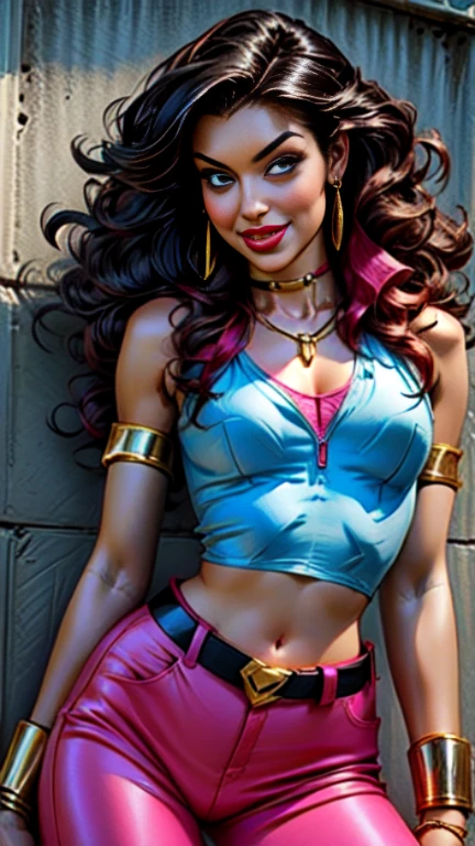 1woman 30year old, solo, long curly hair, looking at viewer, navel, cleavage, bare shoulders, detailed eyes, shy smile,jewelry, medium breasts, earrings, midriff, belt, bodystocking,necklace, bracelet, lips, armlet, ((dynamic pose)), ((dynamic angle)),