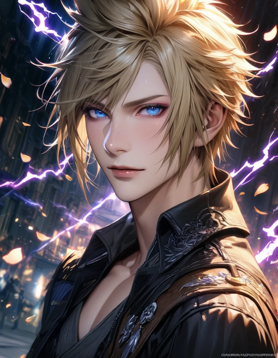 Ultra detailed, Highres, absurdres, HDR, Prompto Argentum, blue eyes with violet undertones, blonde hair, light fleckles, Final Fantasy XV, red lightning, extremely handsome, 1 man only, very detailed face and eyes, flowers and petals