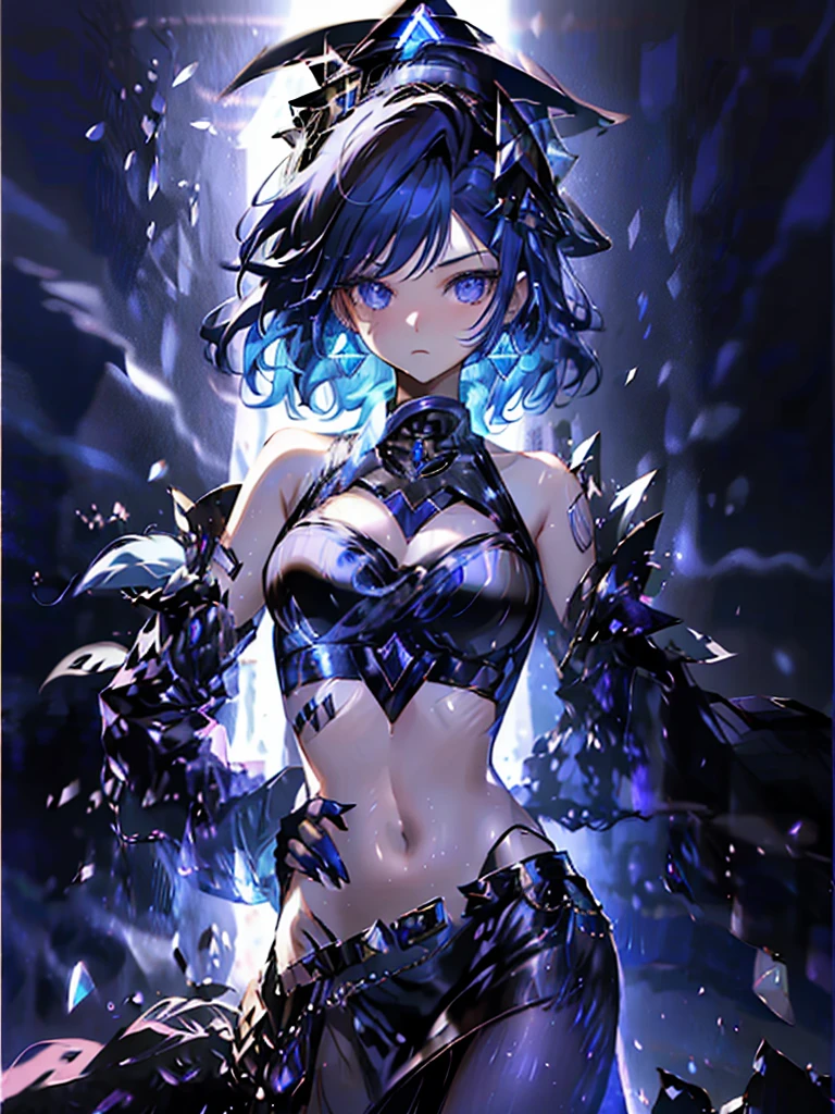 -yeld giwearing a black elegant hat、Rune background、black magician、Wearing a black robe、mesmerize、cute woman、Elegant hairstyle、indigo hair color、Slightly shorter hair、blue eyes、look at the viewer、masterpiece、Best image、