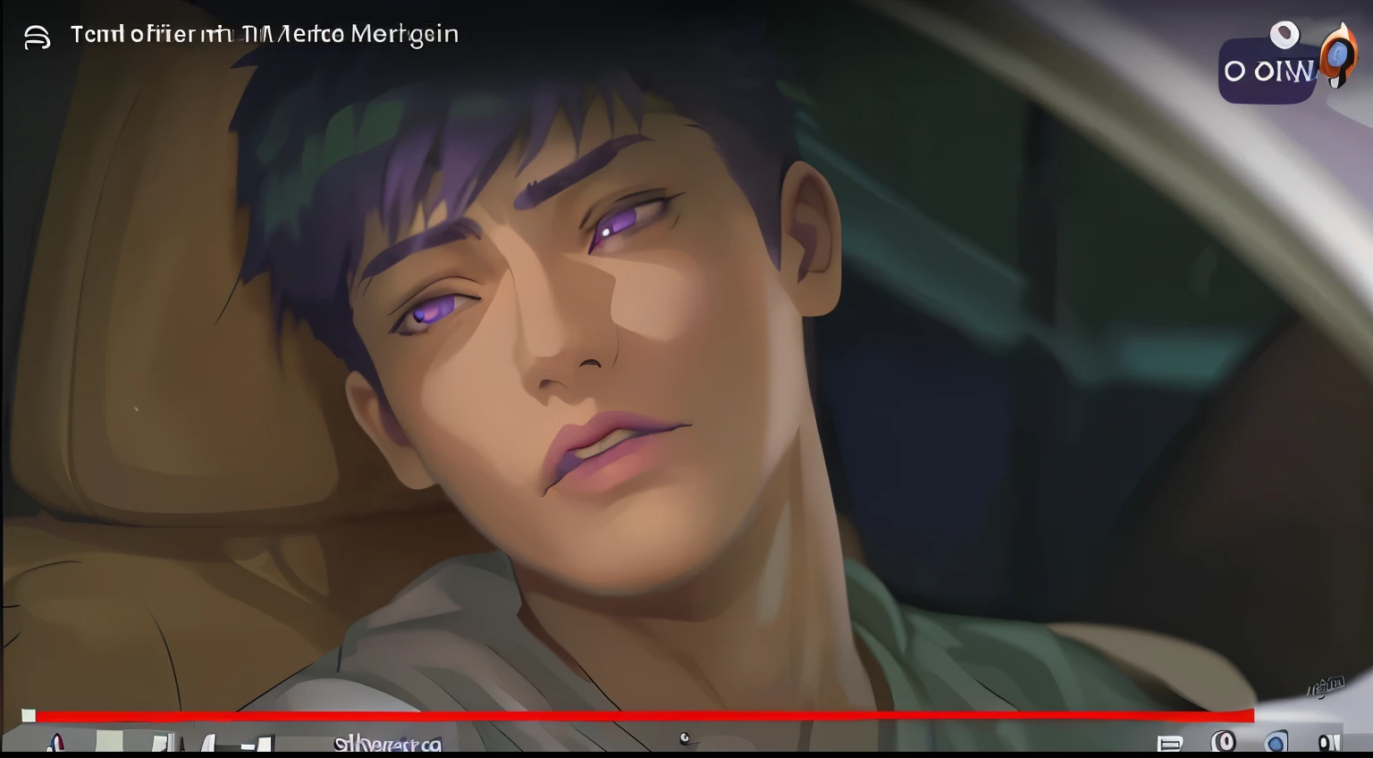 There is a 16-year-old boy with purple hair, purple eyes, he is sad, thoughtful.