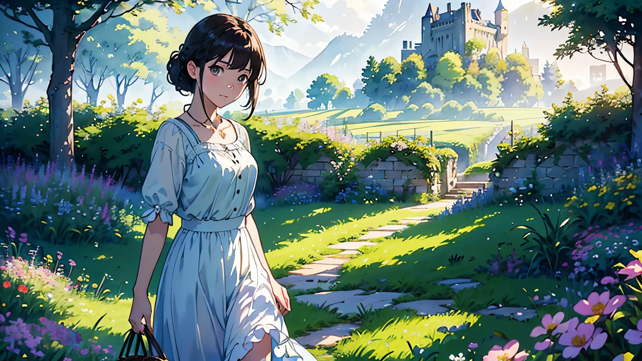 (highest quality、High resolution、masterpiece)、(Anime Art 4k)、(Realistic)、((One woman、20-year-old、whole body、While looking at the beautiful scenery、taking a walk、Flower Basket))、(Detailed depiction of a beautiful face)、Smiling Kindly、Medium Short Hair、Dark brown hair、Braided hair、White blouse and long skirt、one piece、picnic、Cinema Lighting、Ray Tracing、Soft Light、Celtic landscape on a misty morning、(Castle ruins remaining on the grassland)、Misty meadow on a calm morning、place々flowers bloom、(Sargent-style watercolor)、