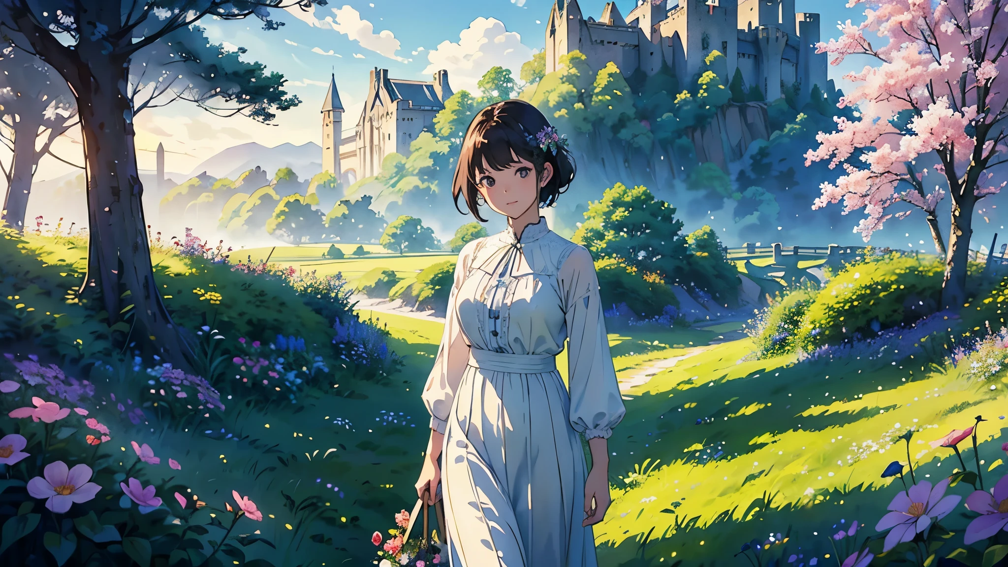 (highest quality、High resolution、masterpiece)、(Anime Art 4k)、(Realistic)、((One woman、20-year-old、whole body、While looking at the beautiful scenery、taking a walk、Flower Basket))、(Detailed depiction of a beautiful face)、Smiling Kindly、Medium Short Hair、Dark brown hair、Braided hair、White blouse and long skirt、one piece、picnic、Cinema Lighting、Ray Tracing、Soft Light、Celtic landscape on a misty morning、(Castle ruins remaining on the grassland)、Misty meadow on a calm morning、place々flowers bloom、(Sargent-style watercolor)、