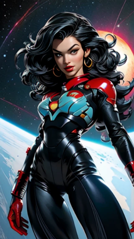 masterpiece,very sharp image,extremely beautiful woman space retro futurism, beautiful face,hi-tech armour over colorful catsuit, long curly hair,in deep space, with several planets and suns in the background Excellent sense,medium breasts,cleavage,American Comics,(((The Perfect One Woman))),(((one person))),colorful,highly detailed body,highly detailed face,SF,((dynamic pose)), ((dynamic angle))