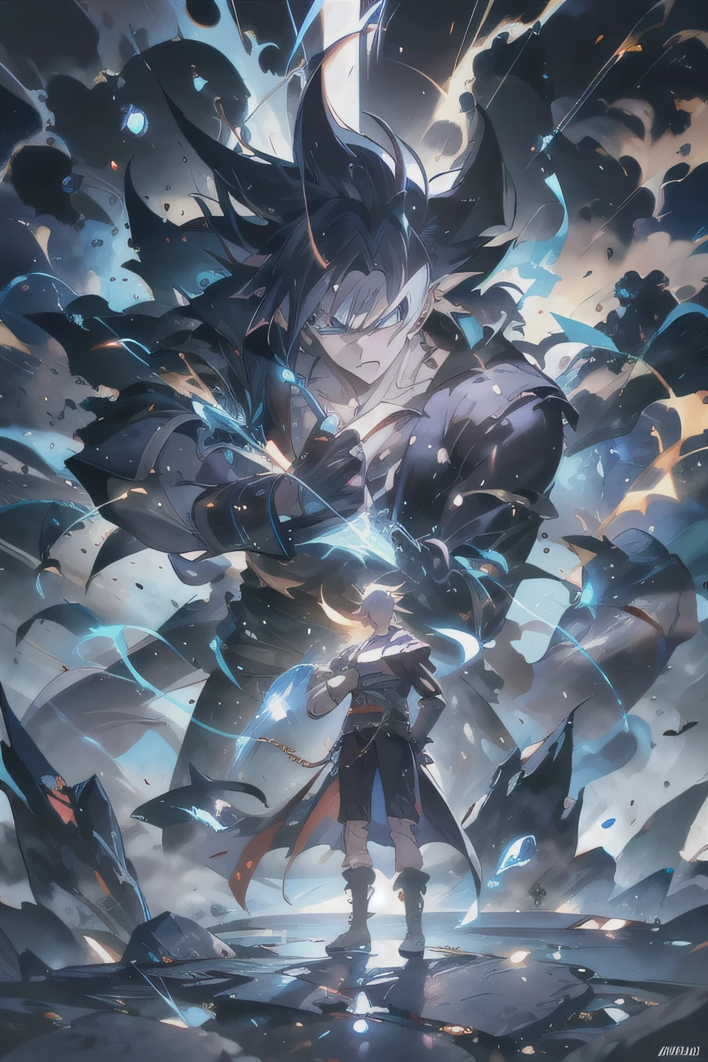 Madaa from Naruto depicted in a dynamic digital illustration inspired by the iconic style of Masashi Kishimoto. The scene showcases Madaa standing atop a rocky precipice, with swirling clouds and lightning in the background. The color temperature is cool and atmospheric, with deep blues and grays creating a sense of foreboding. Madaa's expression is intense and determined, reflecting his powerful presence and unwavering resolve. Harsh, directional lighting adds drama to the scene, casting dynamic shadows and highlighting the epic nature of the moment. --v 5 --stylize 1000