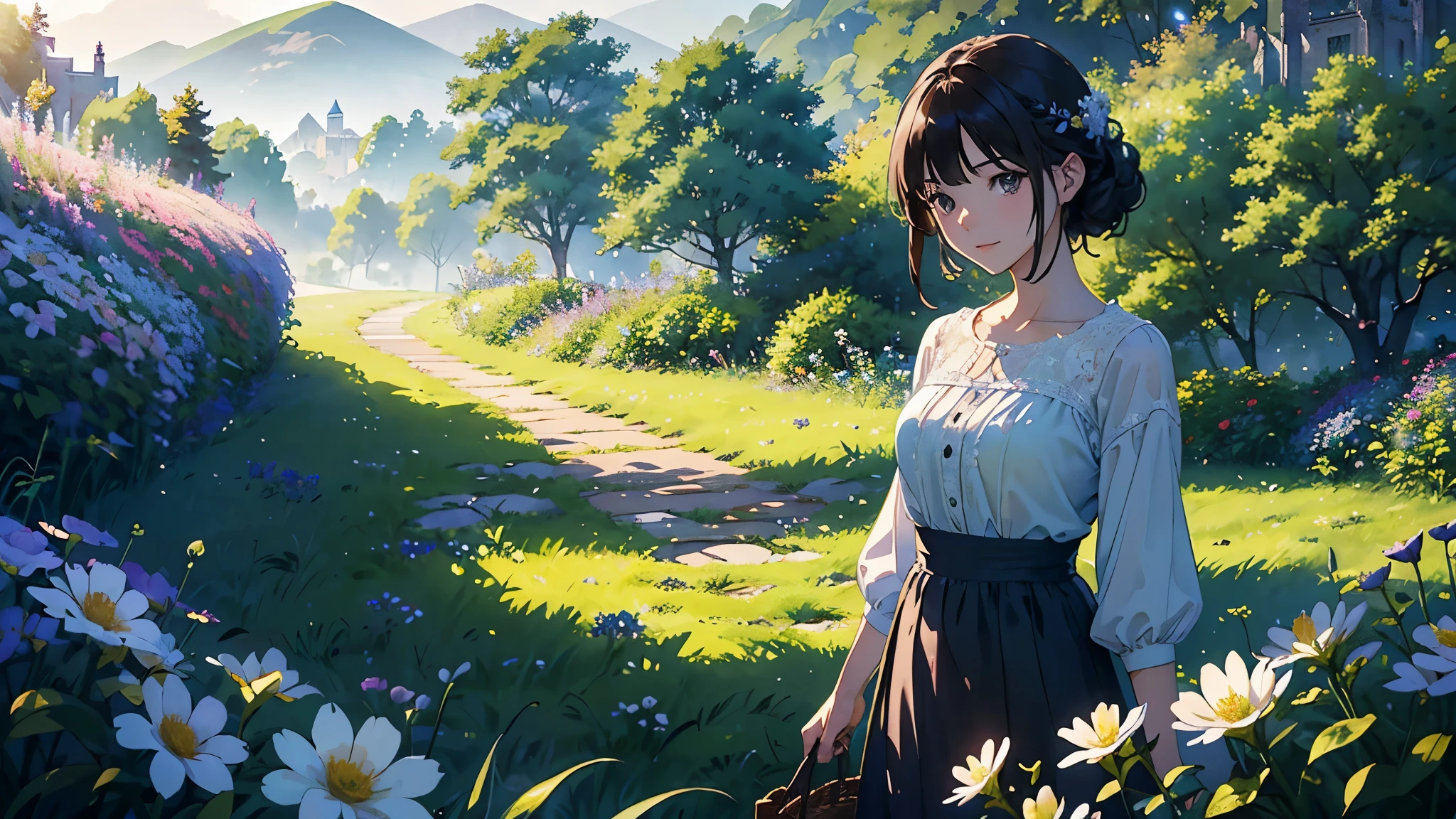 (highest quality、High resolution、masterpiece)、(Anime Art 4k)、(Realistic)、((One woman、20-year-old、whole body、While looking at the beautiful scenery、taking a walk、Flower Basket))、(Detailed depiction of a beautiful face)、Smiling Kindly、Medium Short Hair、Dark brown hair、Braided hair、White blouse and long skirt、one piece、picnic、Cinema Lighting、Ray Tracing、Soft Light、Celtic landscape on a misty morning、Castle ruins remaining on the grassland、Misty meadow on a calm morning、place々flowers bloom、(Sargent-style watercolor)、