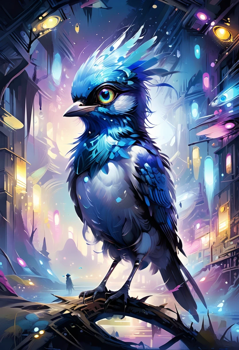 (high-res, vivid colors), blue bird alien, detailed feathers, sparkling eyes, alien landscape, vibrant colors, surreal atmosphere, glowing lights, otherworldly features, intricate patterns, dreamlike scenery