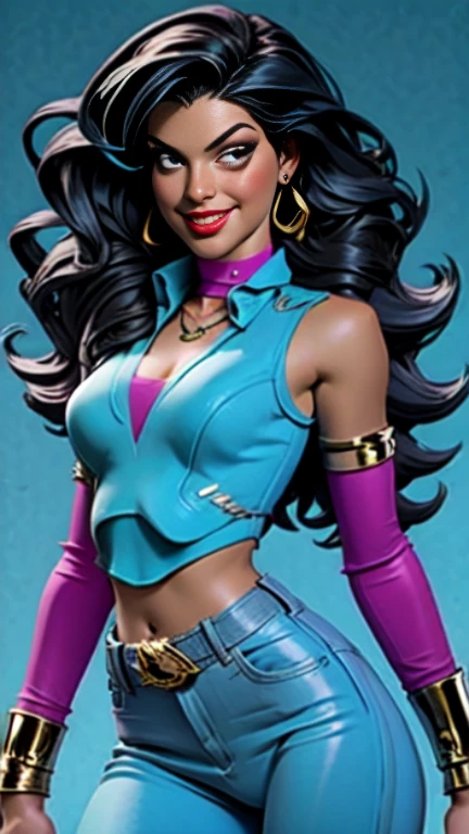 1woman 30year old, solo, long curly hair, looking at viewer, navel, cleavage, bare shoulders, detailed eyes, shy smile,jewelry, medium breasts, earrings, midriff, belt, bodystocking,necklace, bracelet, lips, armlet, ((dynamic pose)), ((dynamic angle)),