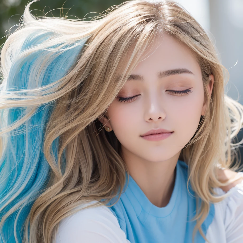 Authentic photo quality、cara muy linda、Extraordinaria belleza sexy、beautiful calm and bright expression、Aspecto refrescante y sexy.、Flequillo largo que cae sobre una cara linda y hermosa perfecta.、super long blonde hair, liso y sedoso que brilla intensamente.、hermoso rostro y cabello rubio、muy linda hermosa mujer joven sexy、Cara linda muy perfecta y hermosa.、Hermosos ojos azul cielo brillantes、ojos muy grandes、cabello dorado muy grande encima de un ojo、rubia entre los ojos、Piel blanca muy radiante、Teca Brillo、delineador de ojos、A small smile、piel brillante