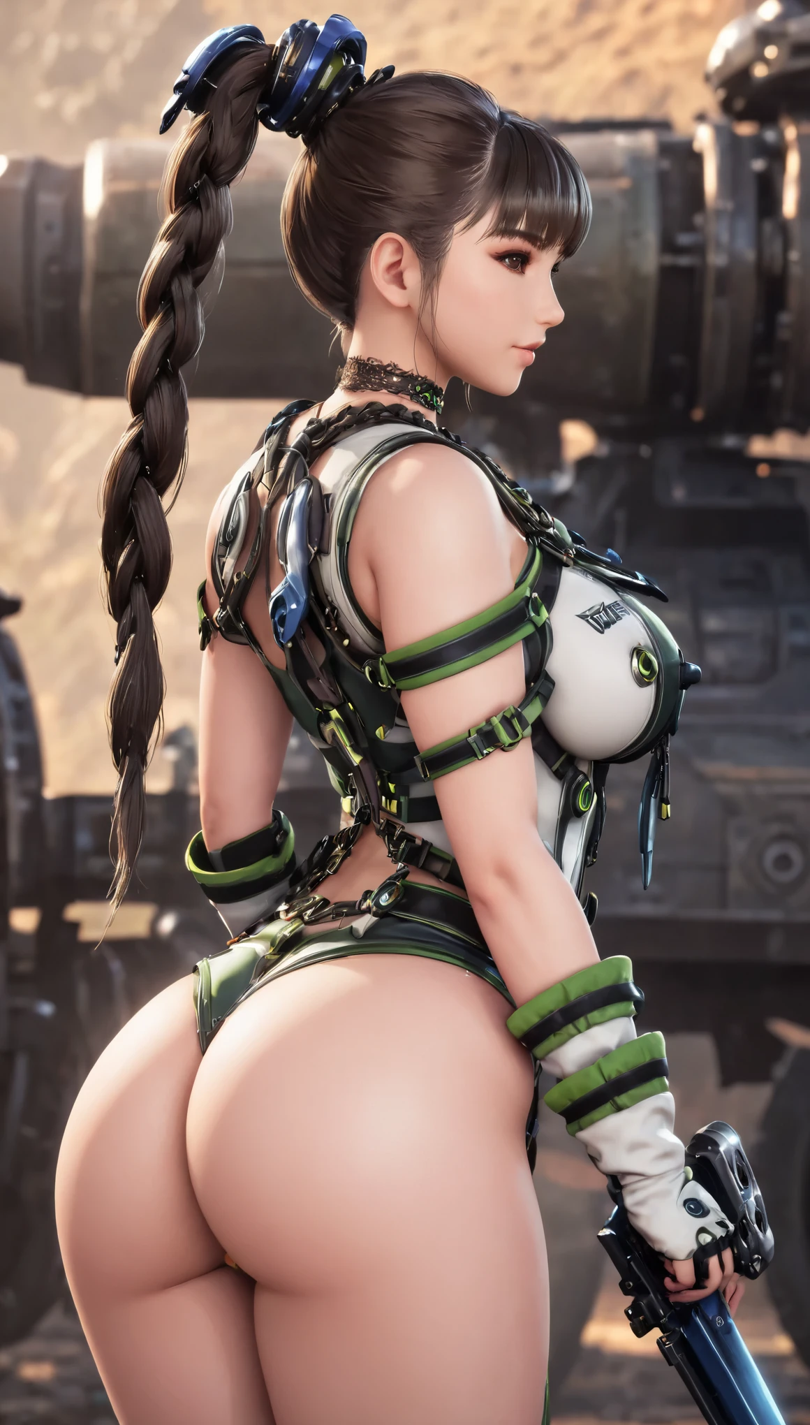 Eve, Stellar Blade, big breast, thicc thighs, curvy, 1girl,solo,heavy makeup,cute,earrings,ring braid,(lewd smile:1.1),holding big mechanical sword, ponytail,idol,hooker,military uniform,(battleground:1.1), showing back, big buttocks, 