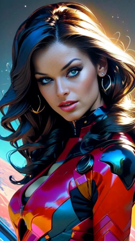 masterpiece,very sharp image,extremely beautiful woman space retro futurism, beautiful face,hi-tech armour over colorful catsuit, long curly hair,in deep space, with several planets and suns in the background Excellent sense,medium breasts,cleavage,American Comics,(((The Perfect One Woman))),(((one person))),colorful,highly detailed body,highly detailed face,SF,((dynamic pose)), ((dynamic angle))