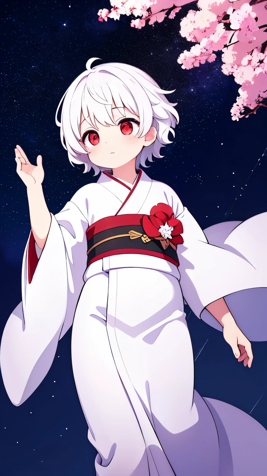 Age unknown,Unknown gender,White curly short hair,Red eyes,white kimono,God,Floating in the air,Starry Sky
