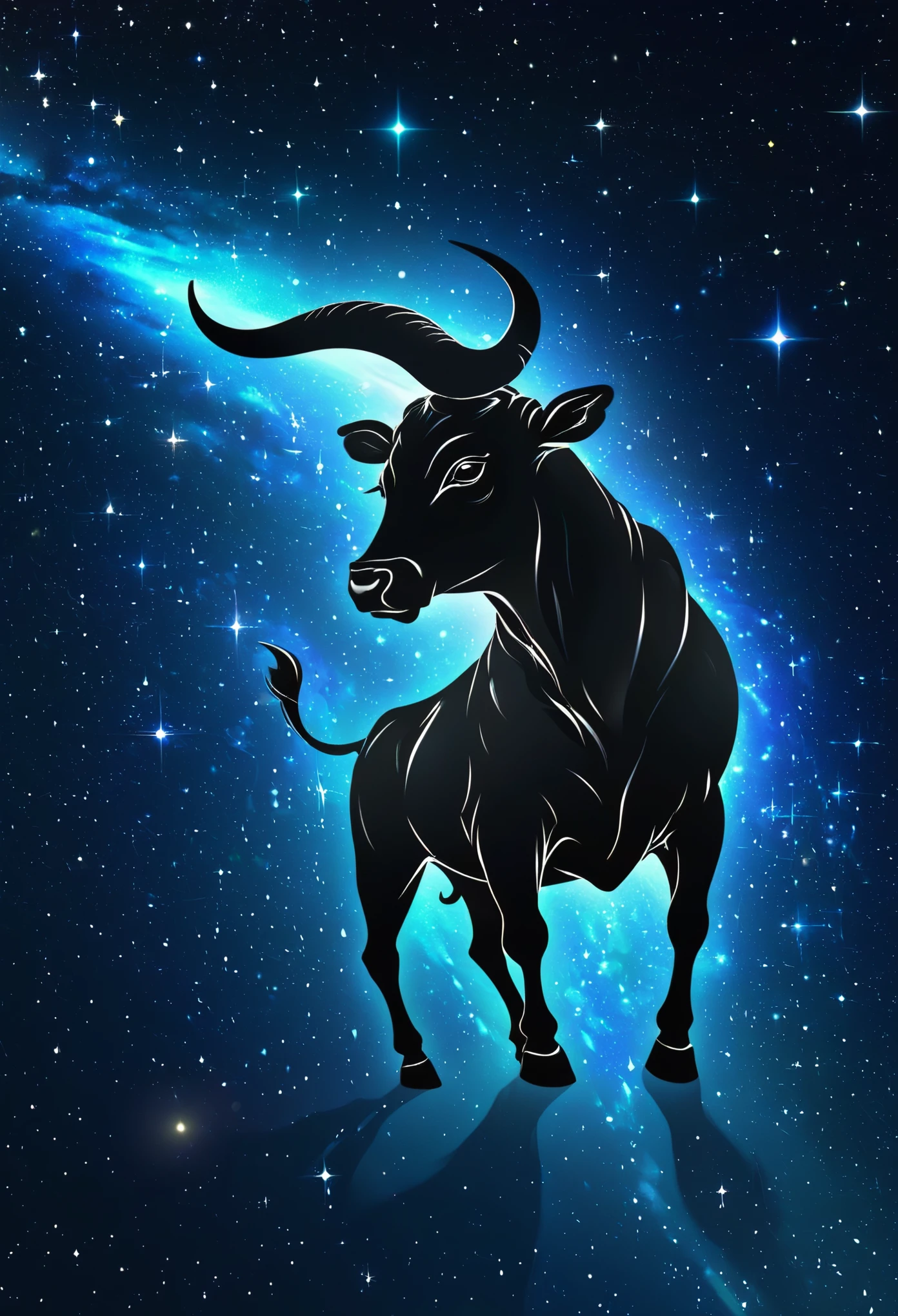 a stylized taurus ((silhouette)) formed by bright stars. Cosmic background