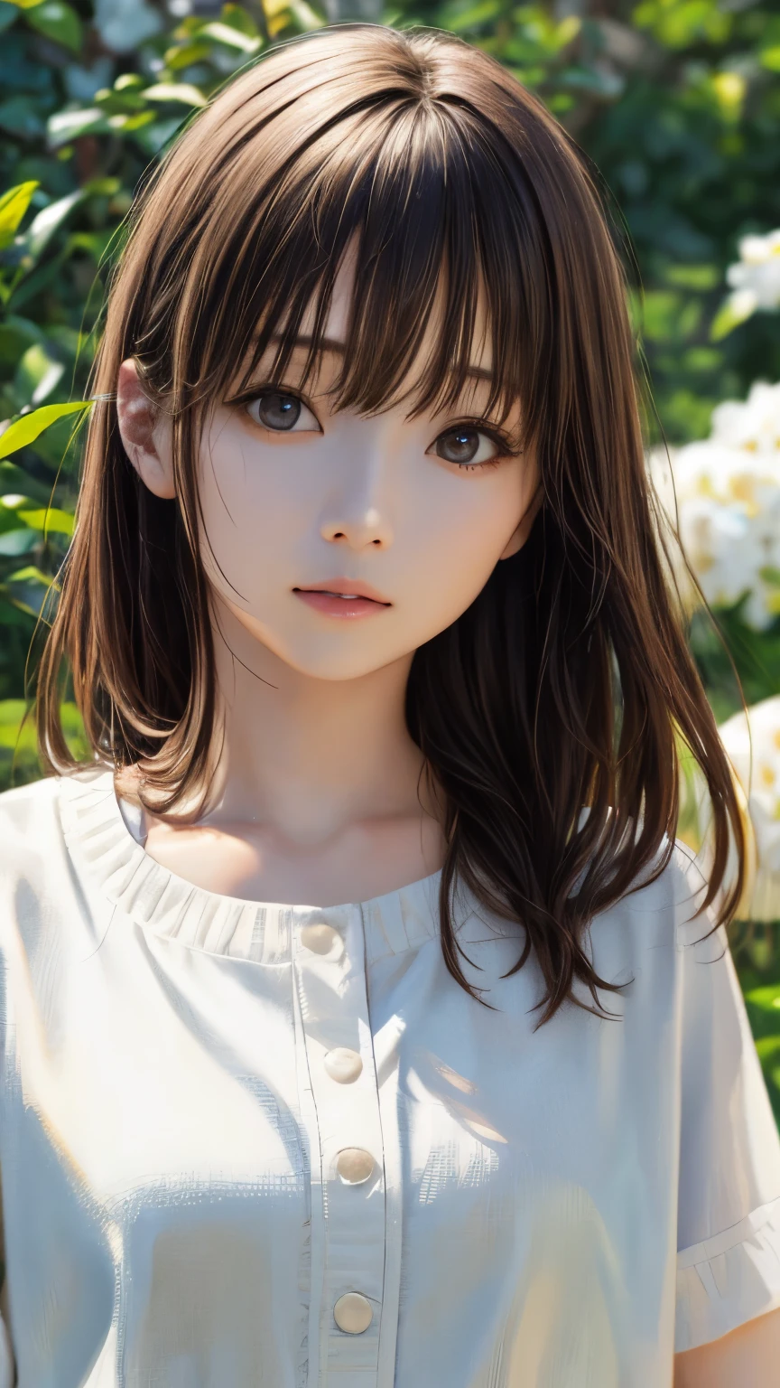 highest quality photography, Live-action adaptation of anime drawings, Masterpiece, 8k images, Subtle details, Shiny brown hair, Cute sailor girl, Big Breasts, Very beautiful face, Cute face like a goddess, Delicate beautiful eyes, White skin, Accentuating body lines, Chubby body type, Bust Sharp Hocus, No underwear, Natural Lighting, Plain white background