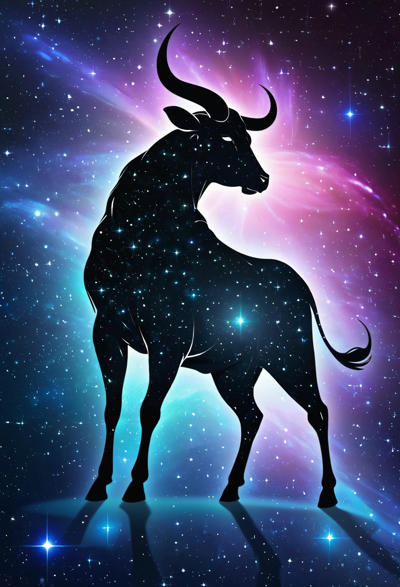 a stylized taurus ((silhouette)) formed by bright stars. Cosmic background